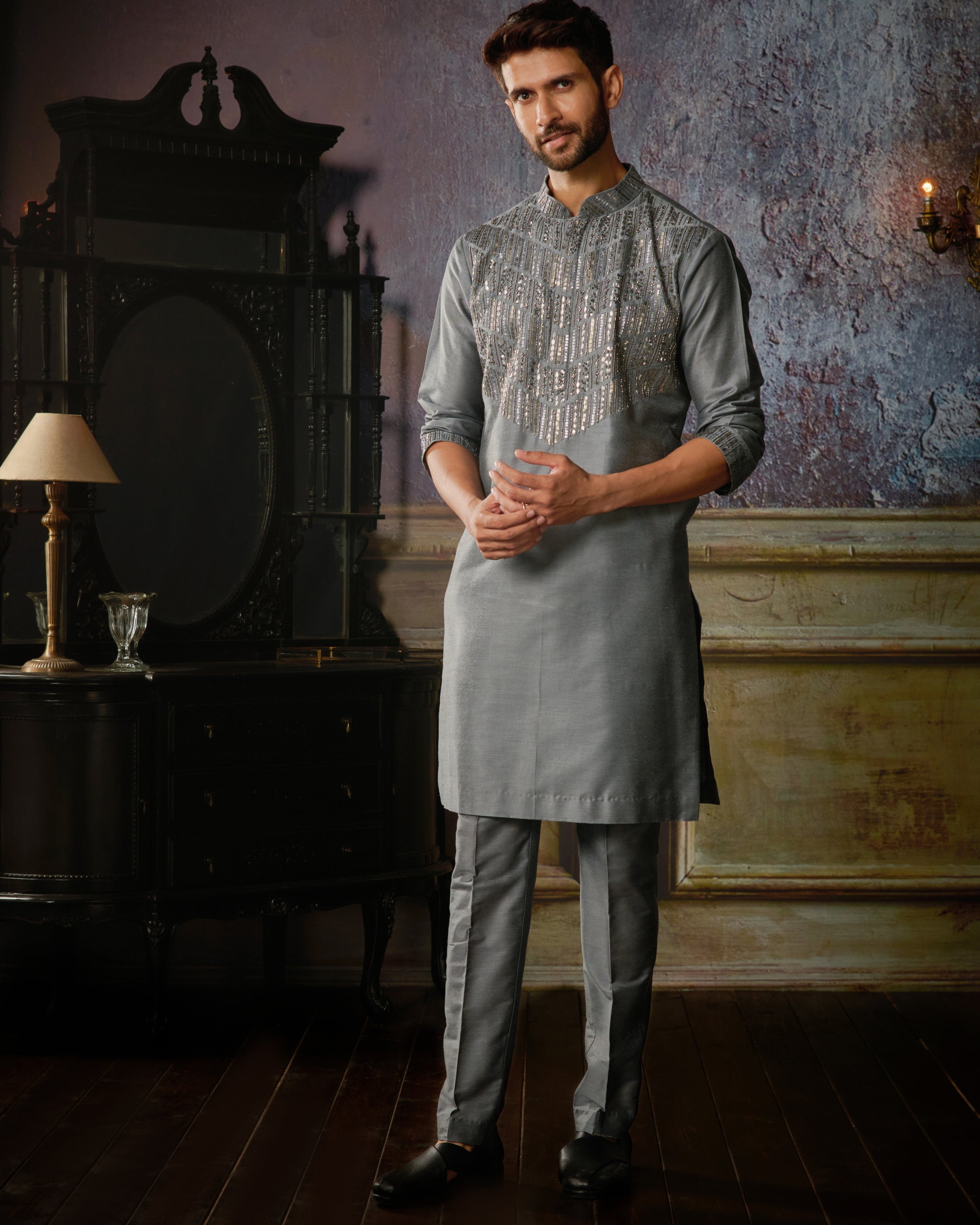 Grey With Gunmetal Embroidered Kurta With Grey Pants