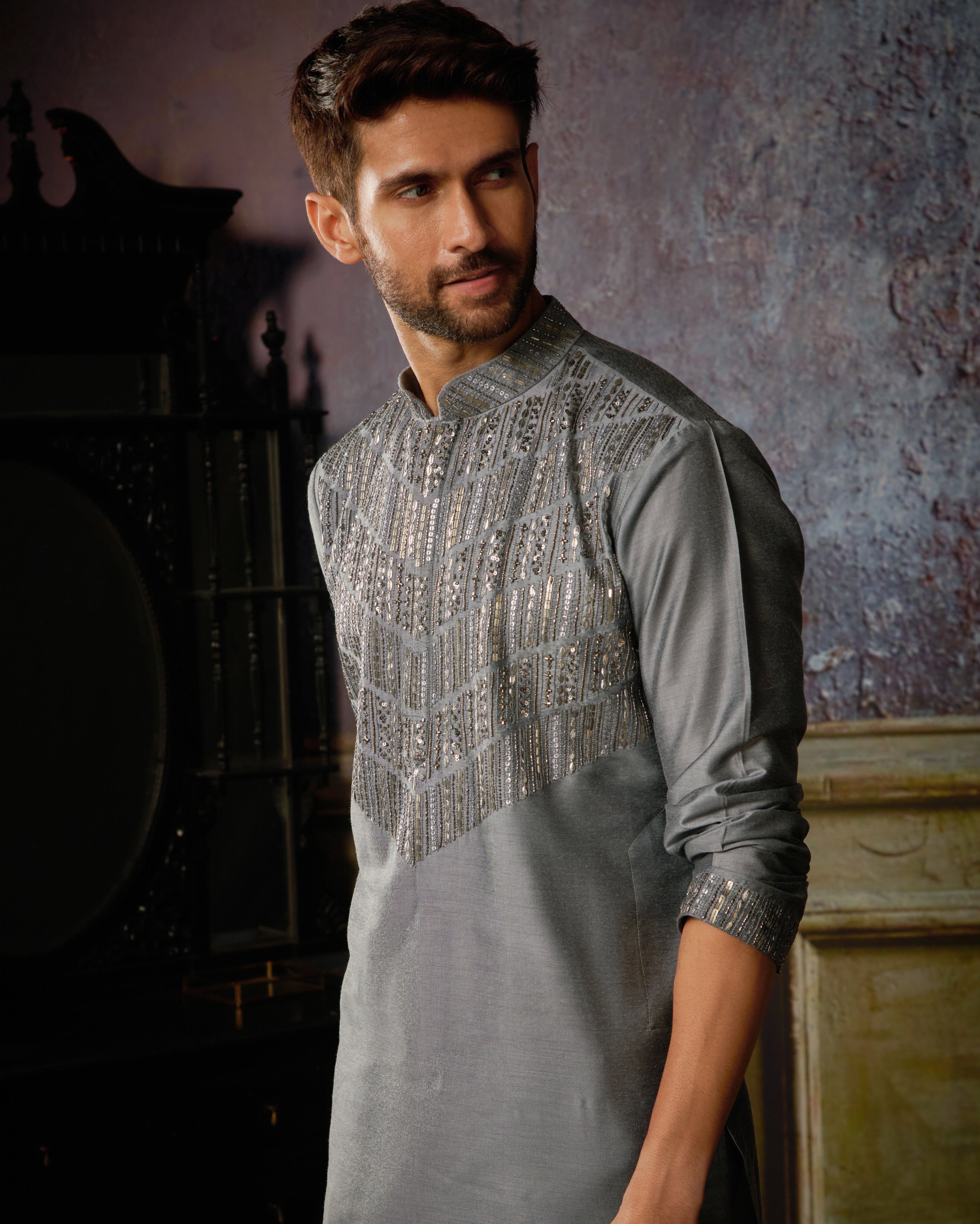 Grey With Gunmetal Embroidered Kurta With Grey Pants