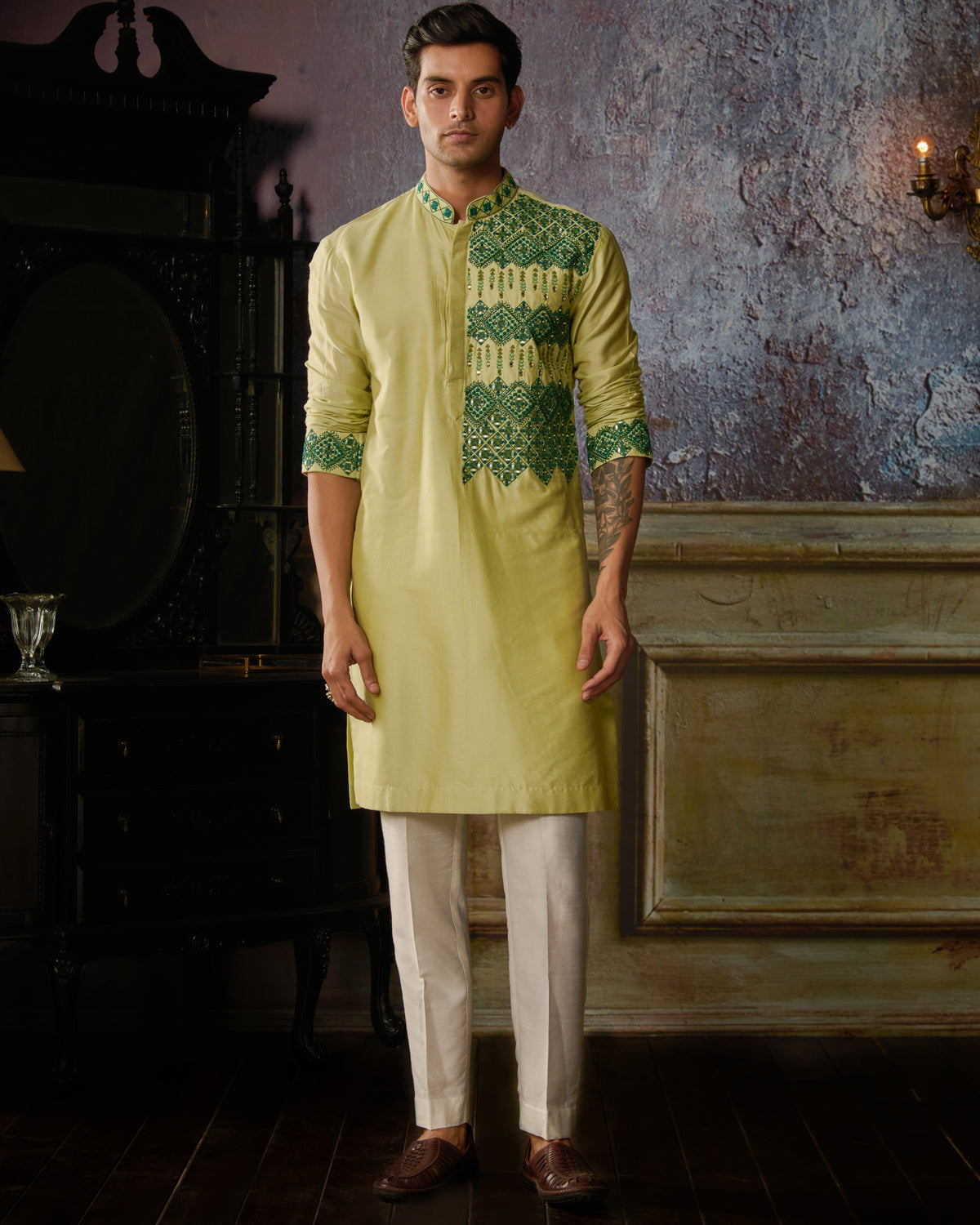 Mint Green With Dark Green Geometric Embroidered Kurta With Ivory Pants