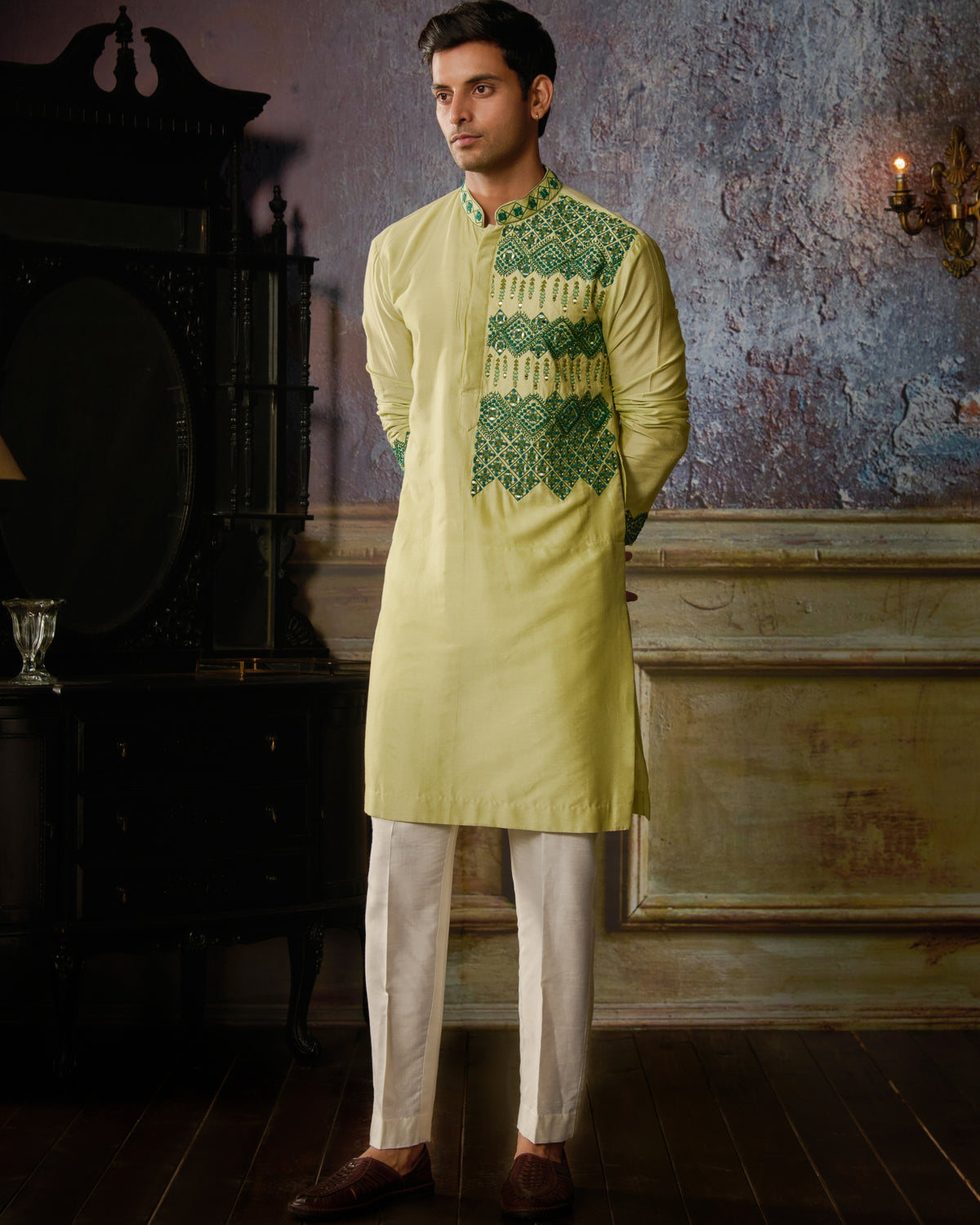 Mint Green With Dark Green Geometric Embroidered Kurta With Ivory Pants