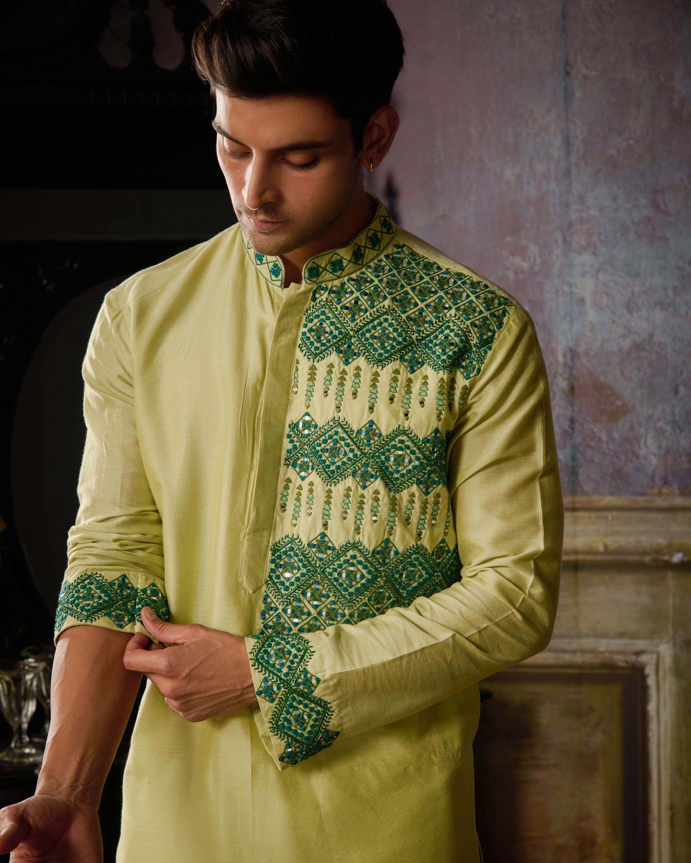 Mint Green With Dark Green Geometric Embroidered Kurta With Ivory Pants