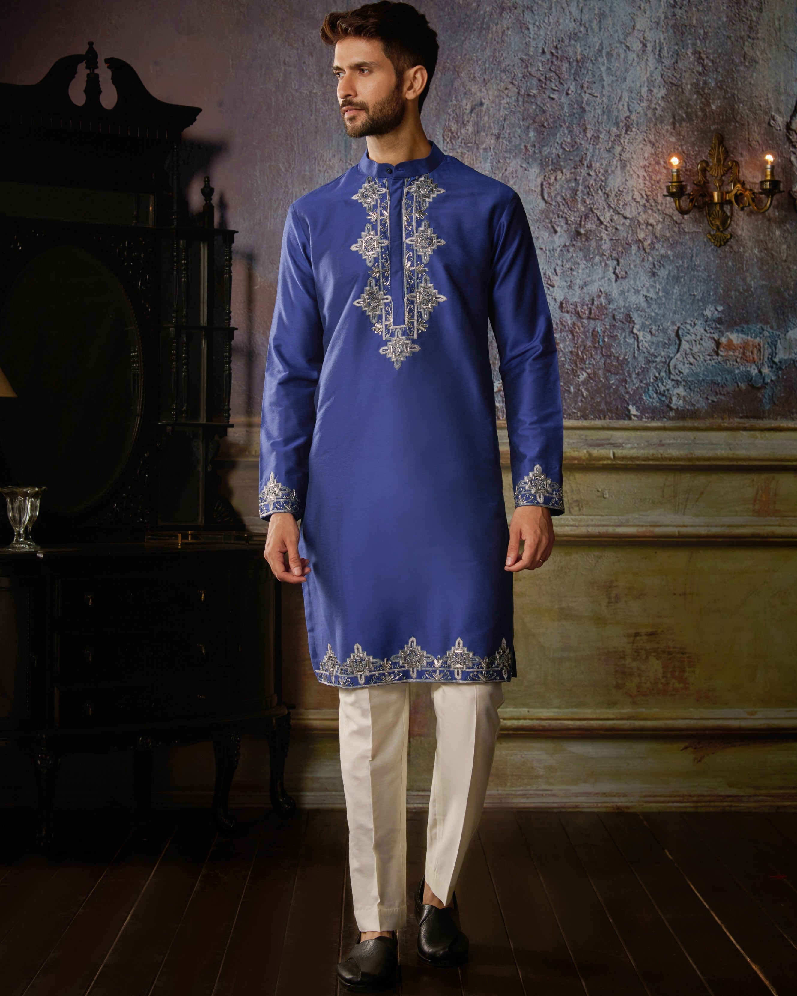 Electric Blue With Gunmetal Yoke And Hem Geometric Embroidered Kurta With Ivory Pants