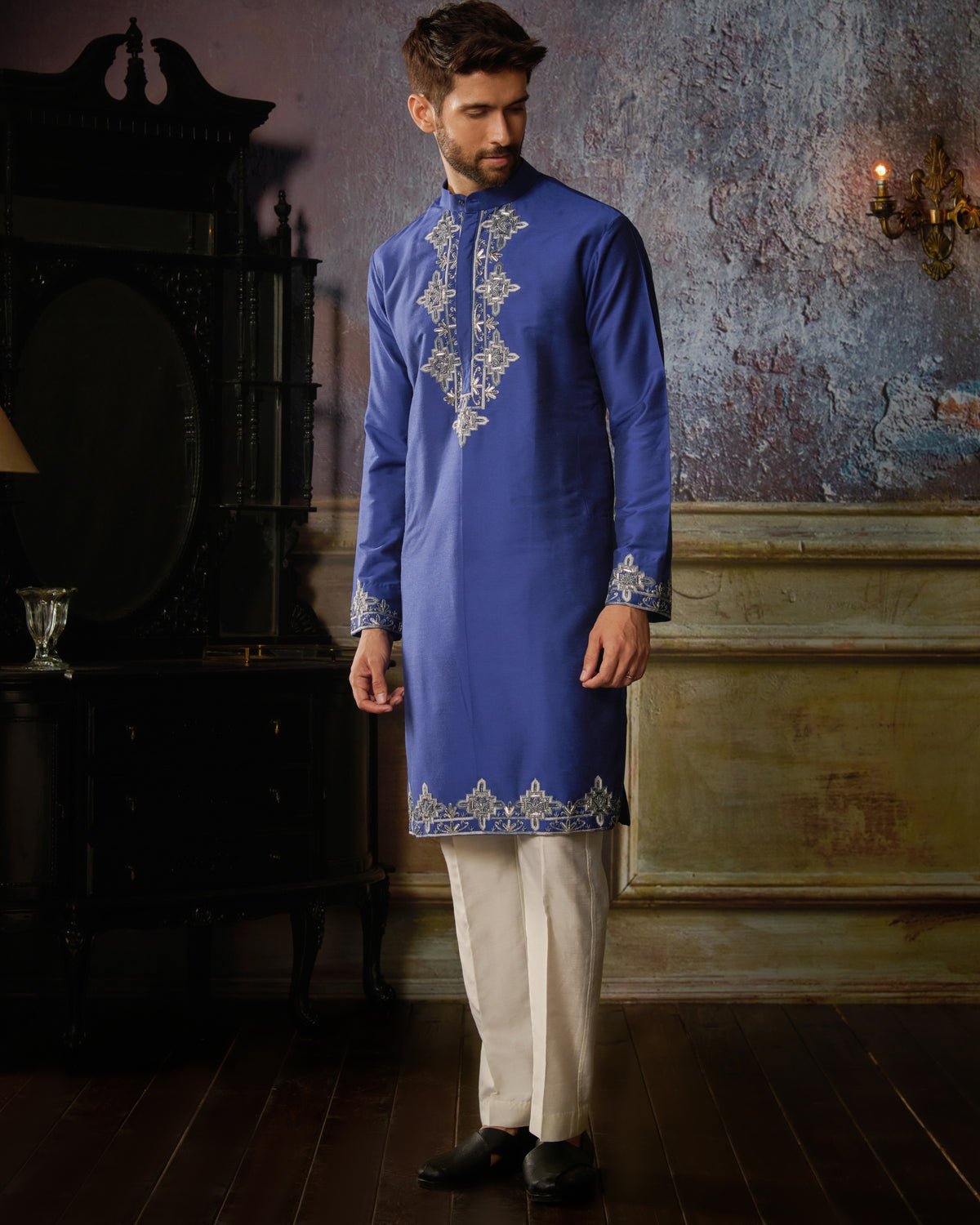 Electric Blue With Gunmetal Yoke And Hem Geometric Embroidered Kurta With Ivory Pants