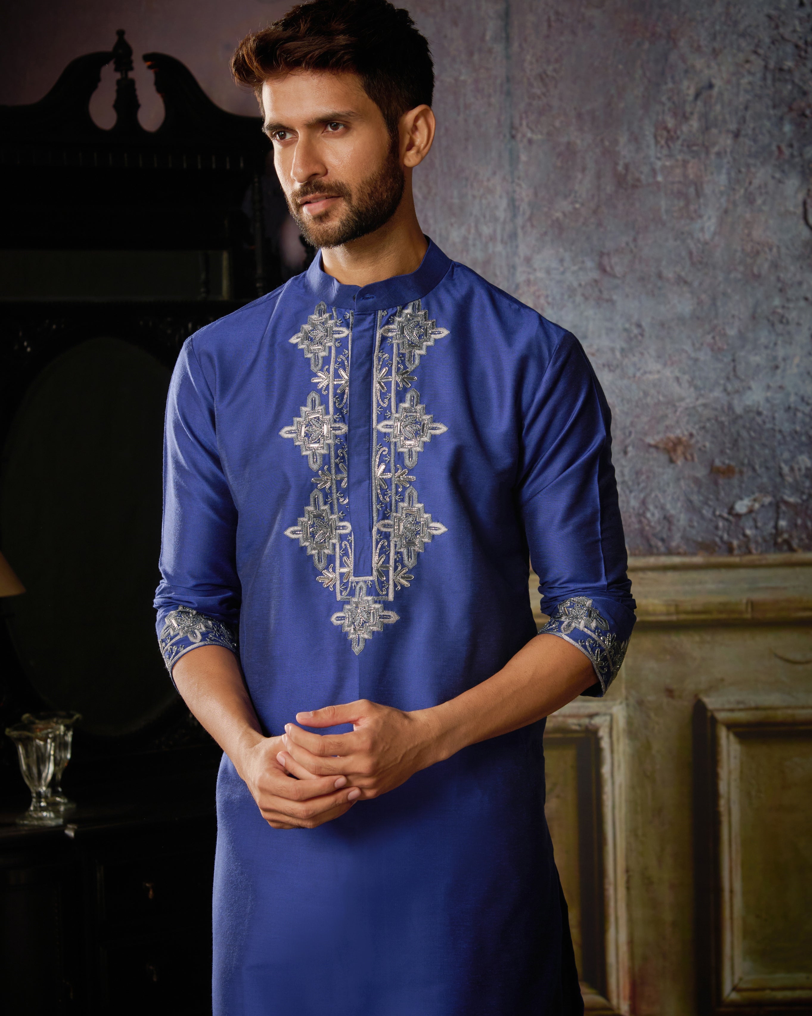 Electric Blue With Gunmetal Yoke And Hem Geometric Embroidered Kurta With Ivory Pants