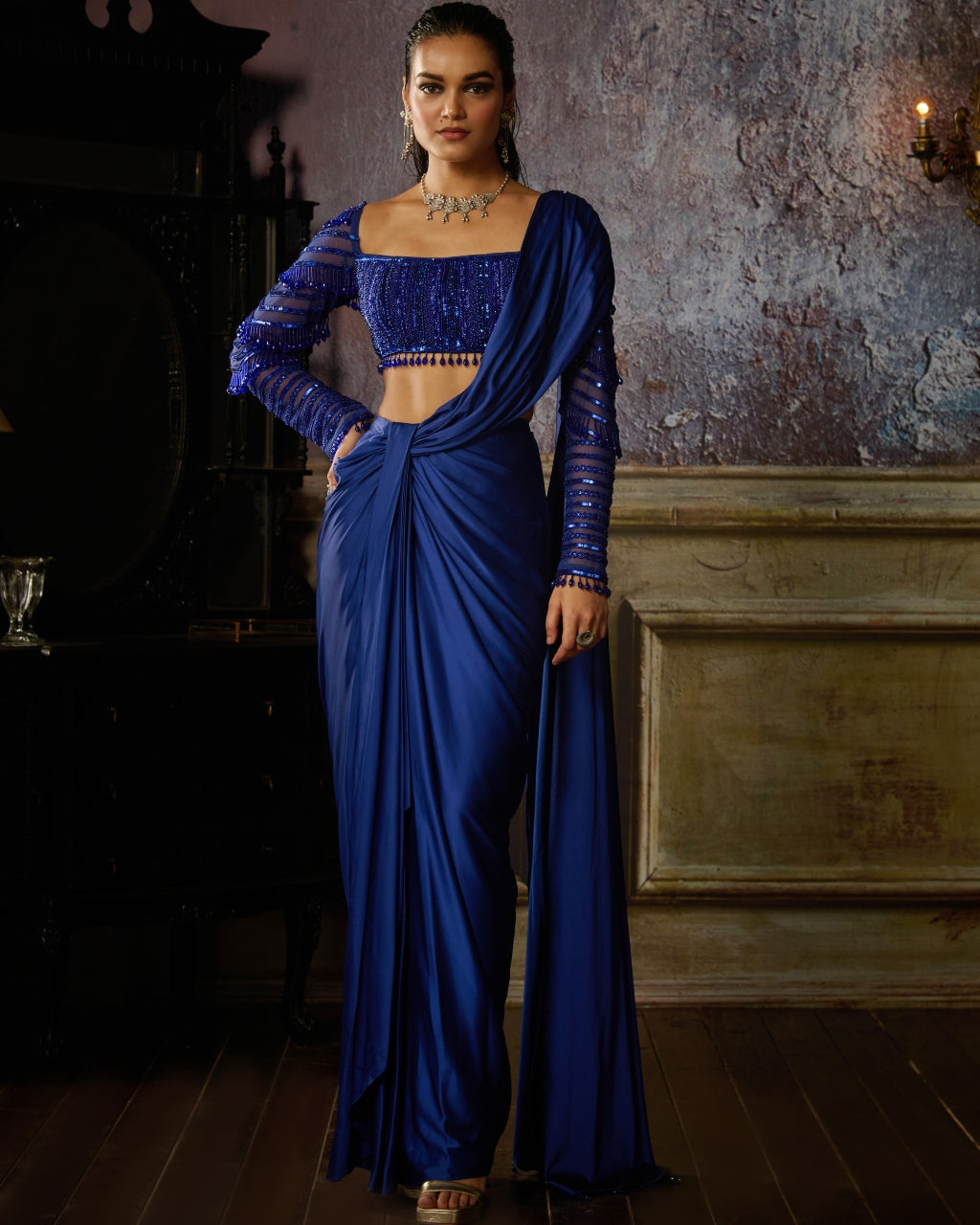 Cobalt Blue Pre Draped Sari Set