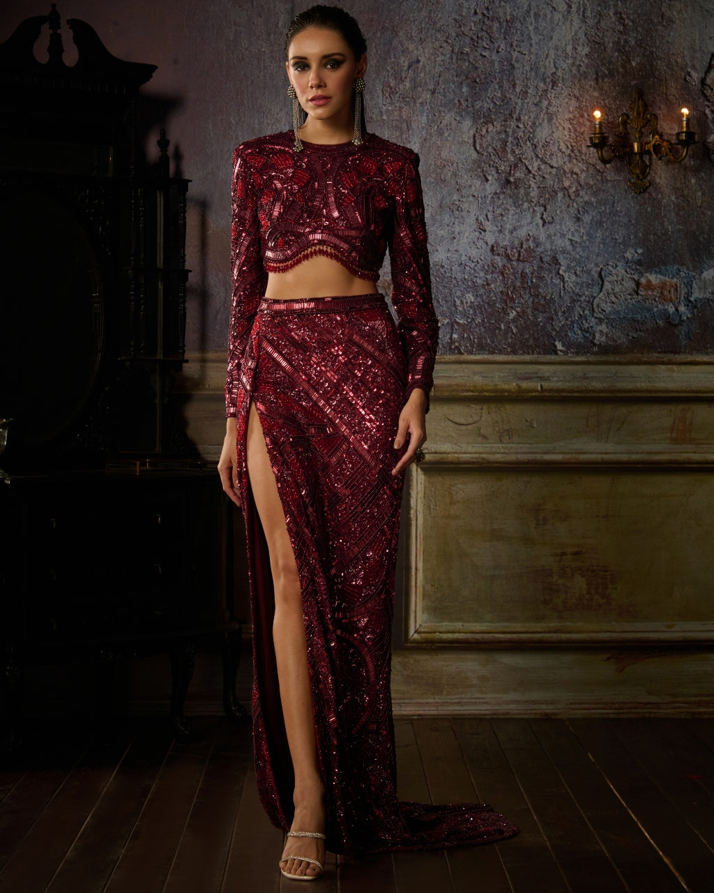 Maroon Fully Embroidered Blouse And Slit Trail Skirt