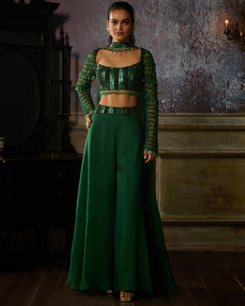 Bottle Green Fully Embroidered Blouse And Organza Sharara Set