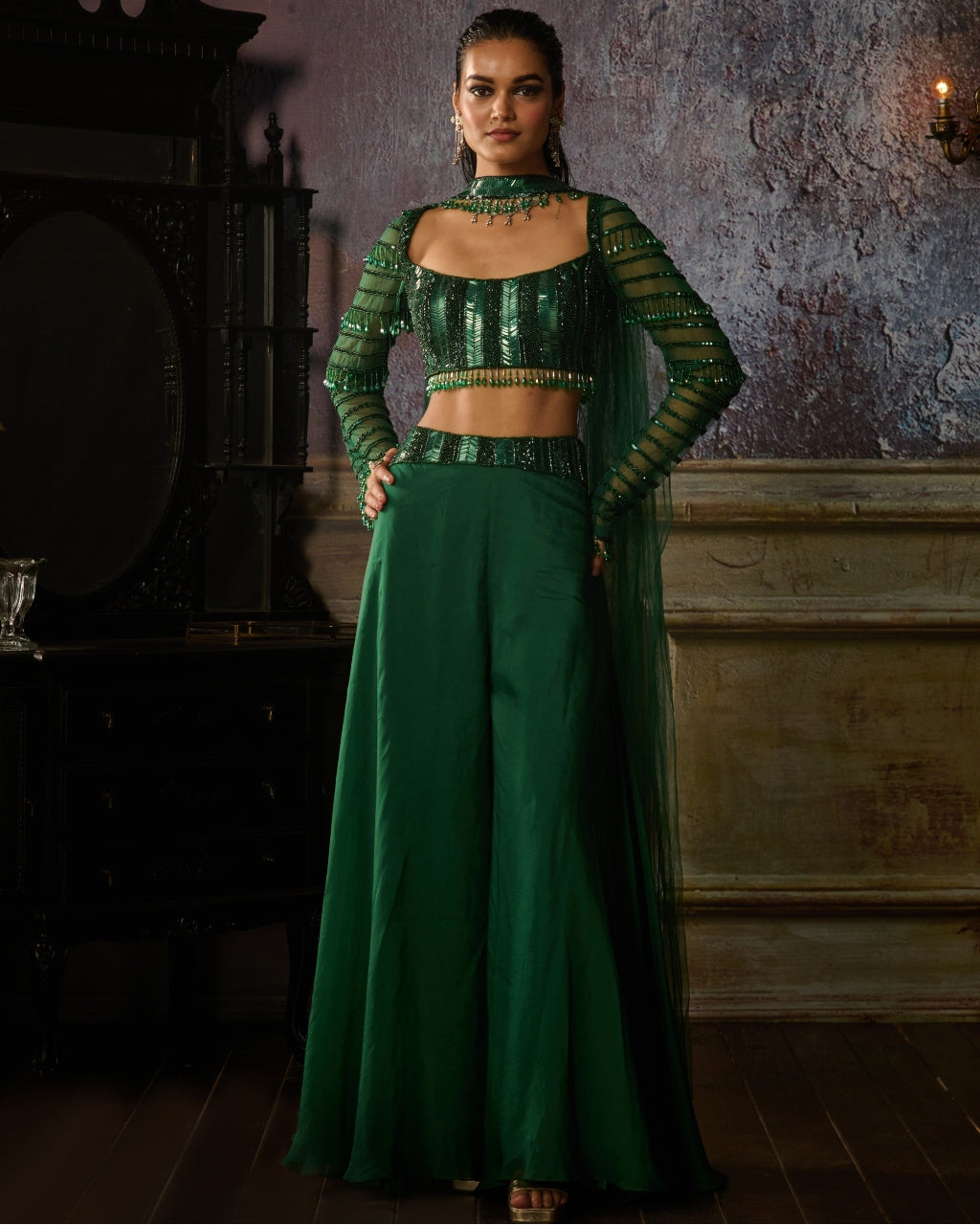 Bottle Green Fully Embroidered Blouse And Organza Sharara Set