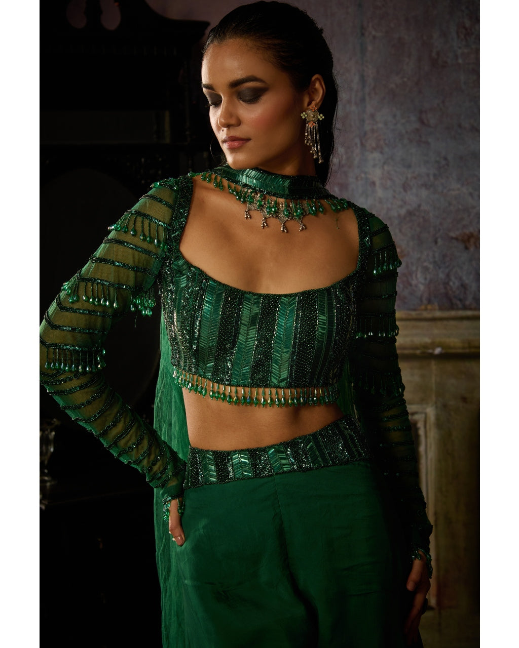 Bottle Green Fully Embroidered Blouse And Organza Sharara Set