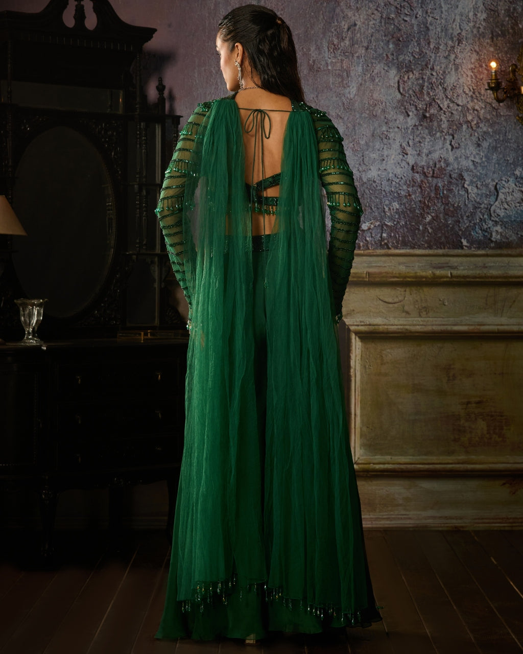 Bottle Green Fully Embroidered Blouse And Organza Sharara Set