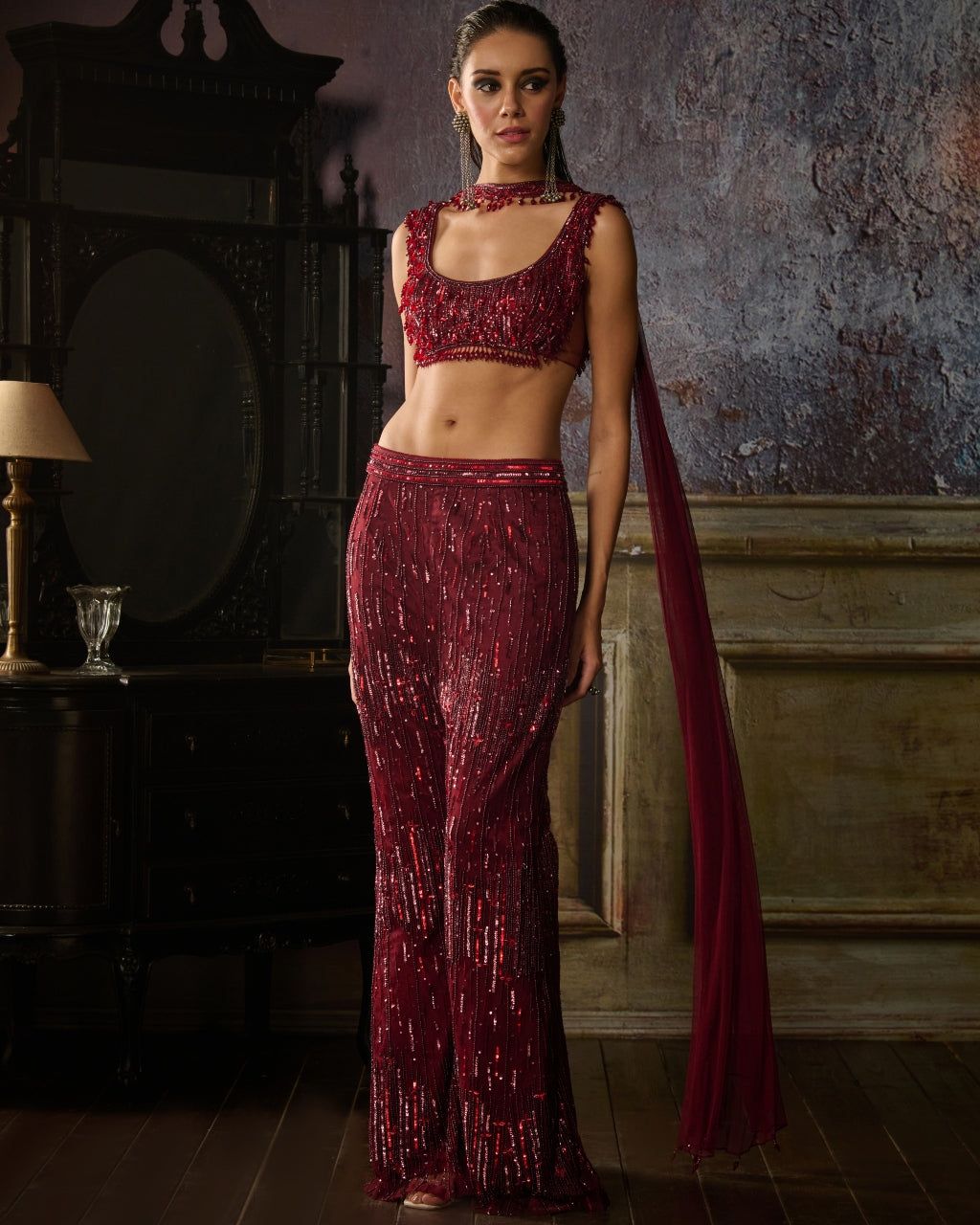 Maroon Embroidered Blouse And Pants With Choker Dupatta