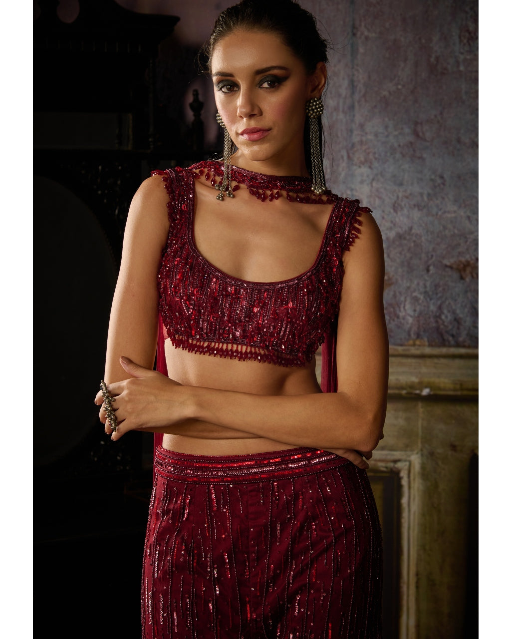 Maroon Embroidered Blouse And Pants With Choker Dupatta