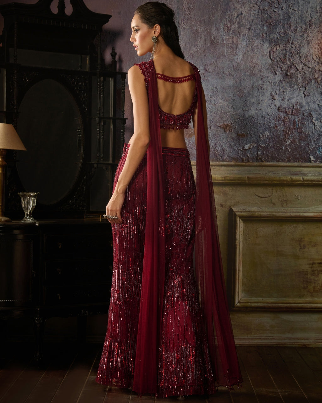 Maroon Embroidered Blouse And Pants With Choker Dupatta