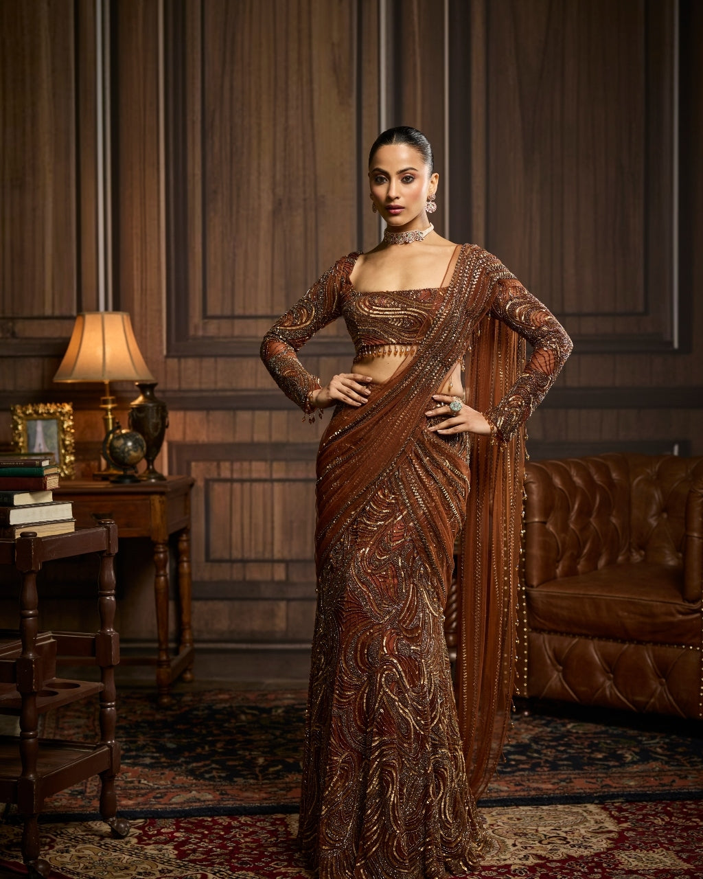 Krisha Metallic Gold Embellished Skirt Sari Set