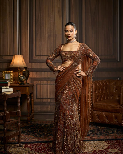Krisha Metallic Gold Embellished Skirt Sari Set