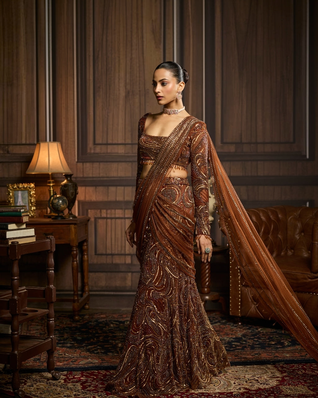 Krisha Metallic Gold Embellished Skirt Sari Set