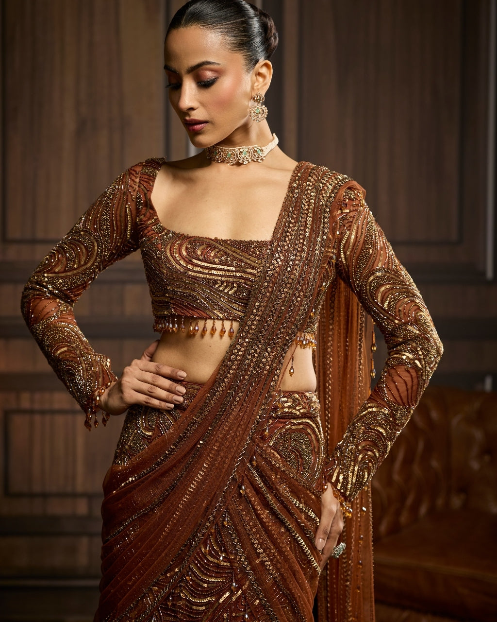 Krisha Metallic Gold Embellished Skirt Sari Set