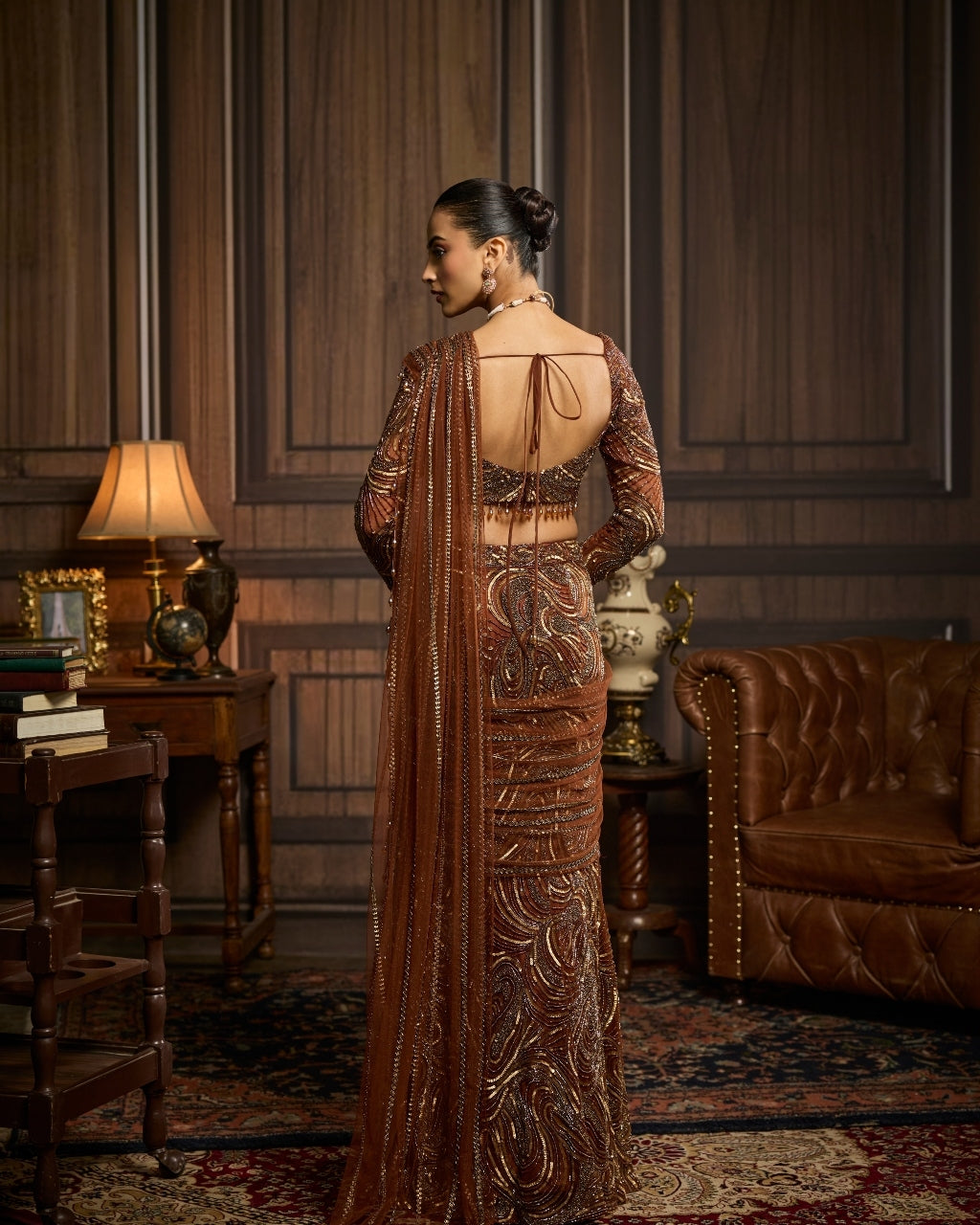 Krisha Metallic Gold Embellished Skirt Sari Set