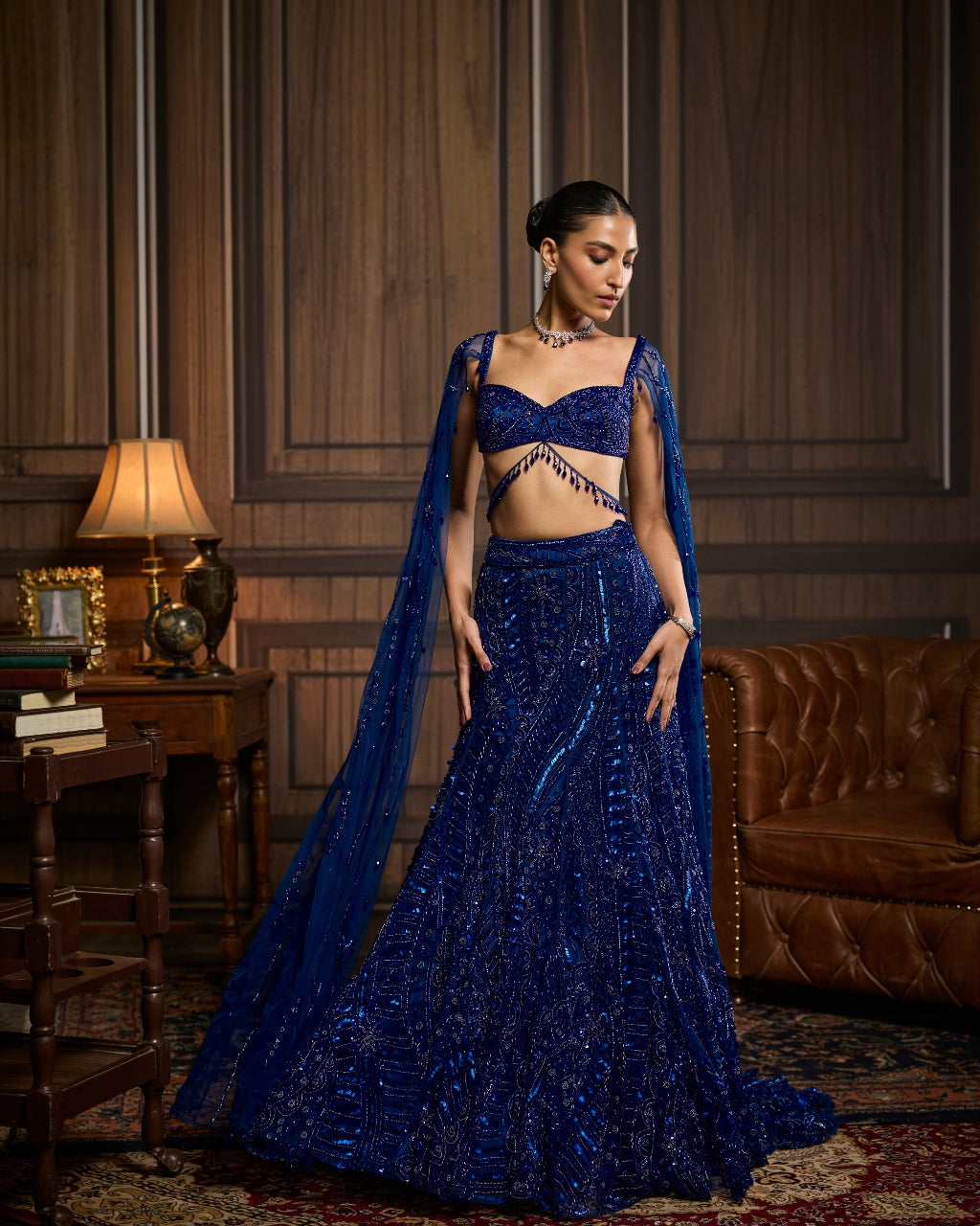 Dew Electric Blue  Trail Mermaid Skirt Sari Set