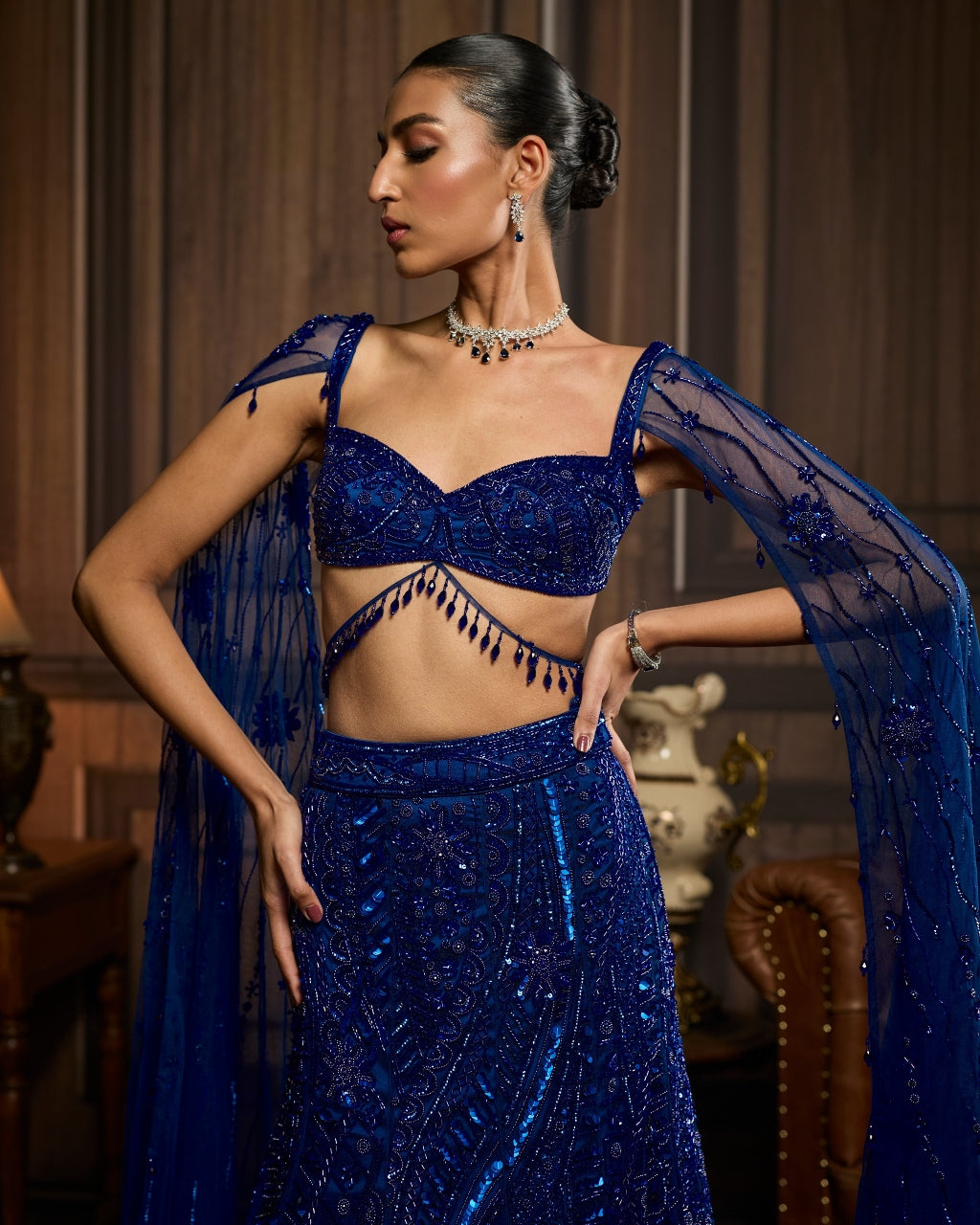 Dew Electric Blue  Trail Mermaid Skirt Sari Set