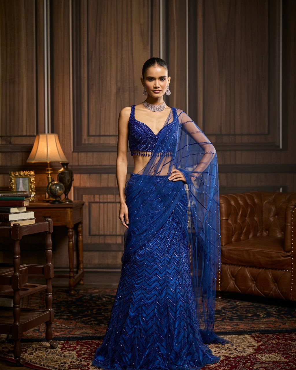 Judy Electric Blue Embellished Pre-Draped Skirt Sari Set