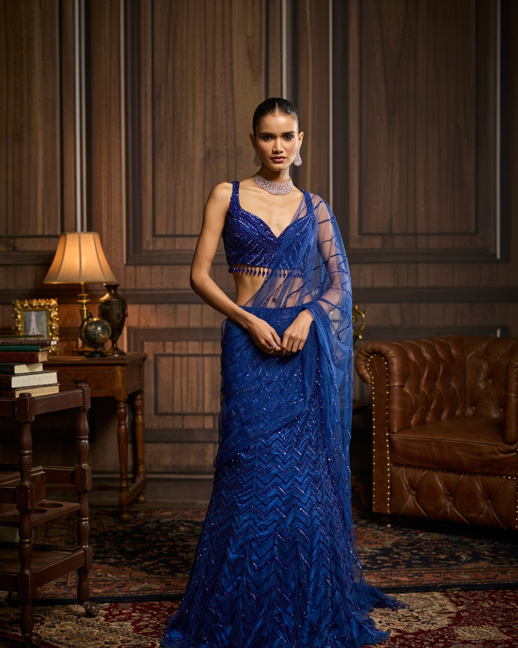 Judy Electric Blue Embellished Pre-Draped Skirt Sari Set
