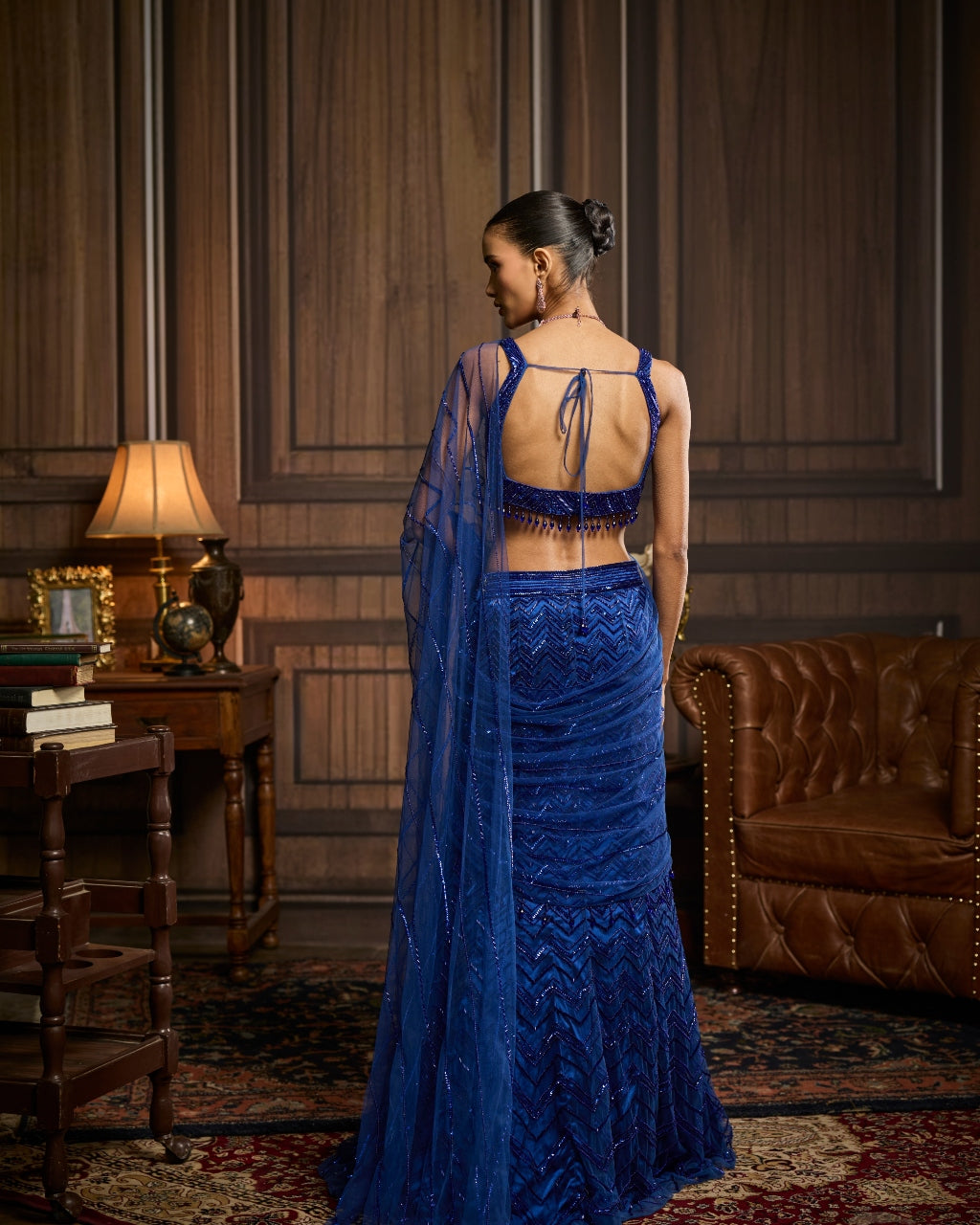Judy Electric Blue Embellished Pre-Draped Skirt Sari Set