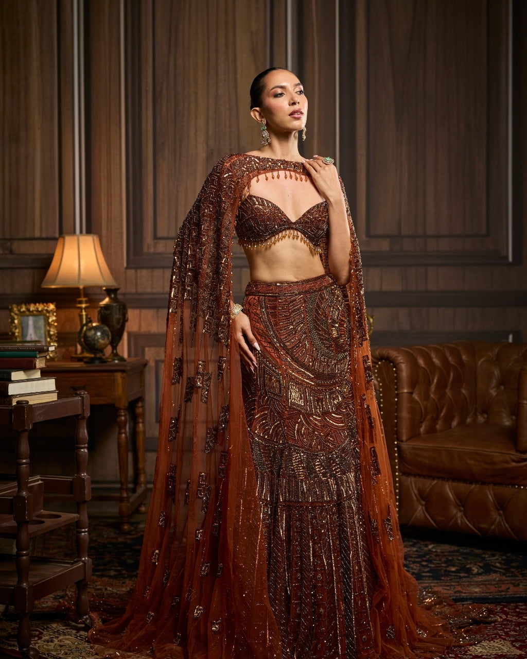 Kelly Caramel Brown Fully Embroidered Mermaid Trailskirt Set