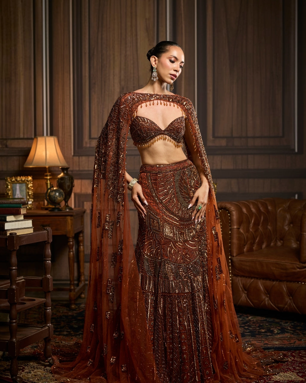 Kelly Caramel Brown Fully Embroidered Mermaid Trailskirt Set