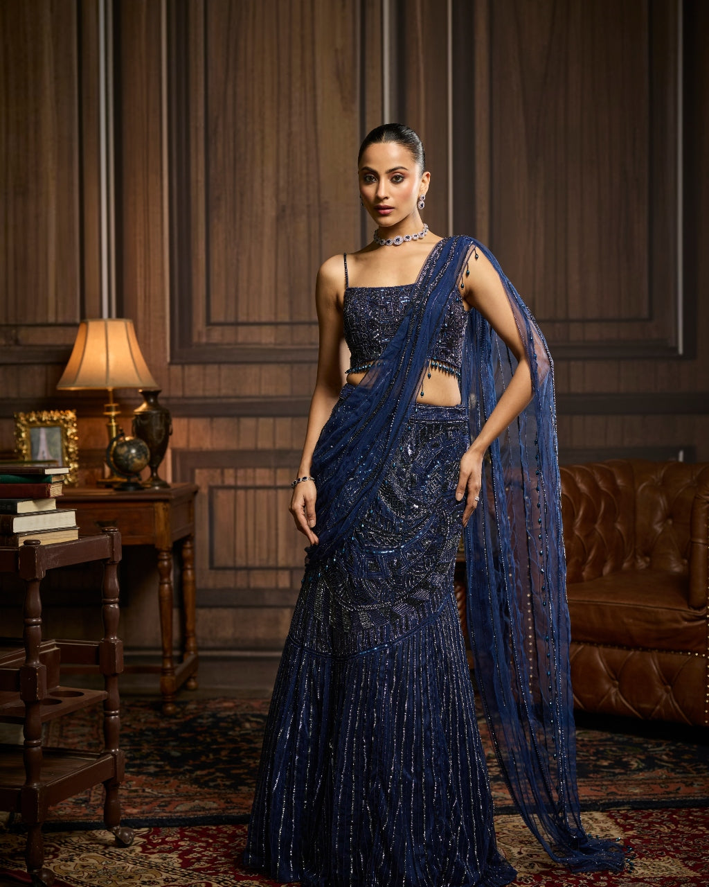 Sandra Midnight Blue Embellished Pre-Drapedskirt Sari Set