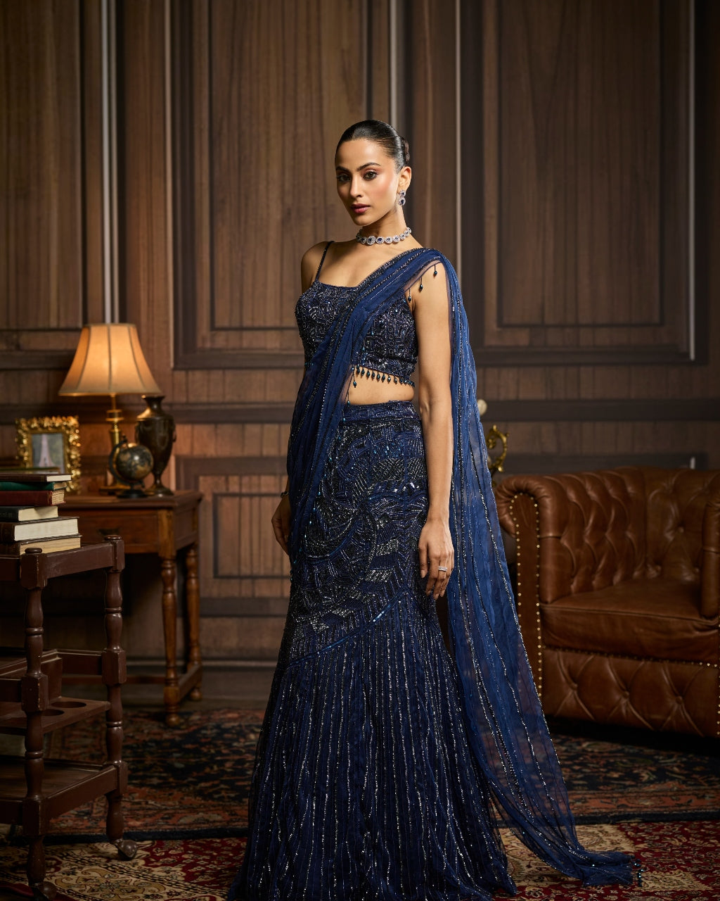 Sandra Midnight Blue Embellished Pre-Drapedskirt Sari Set