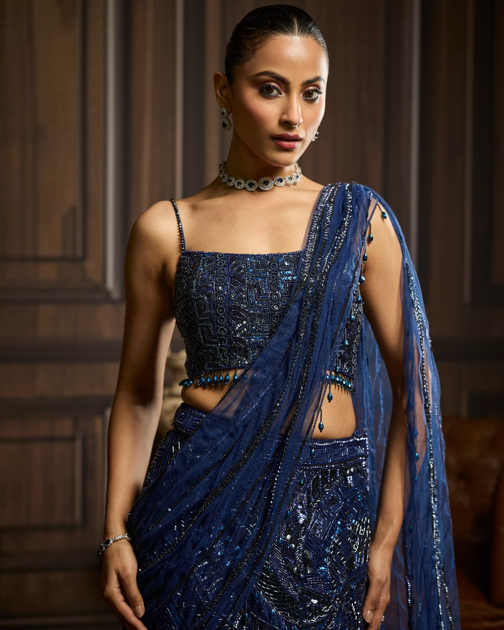 Sandra Midnight Blue Embellished Pre-Drapedskirt Sari Set