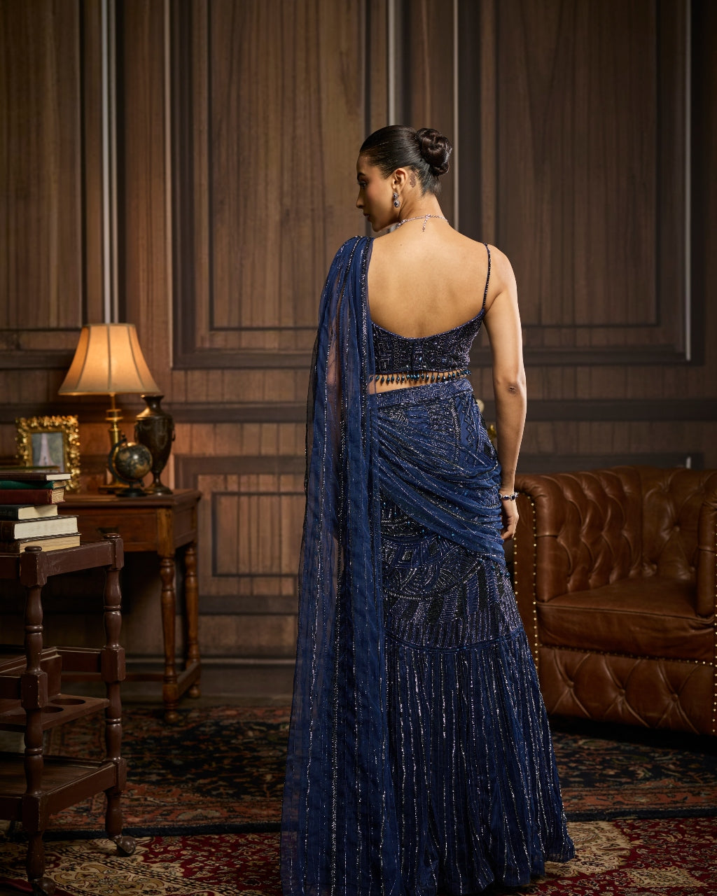 Sandra Midnight Blue Embellished Pre-Drapedskirt Sari Set