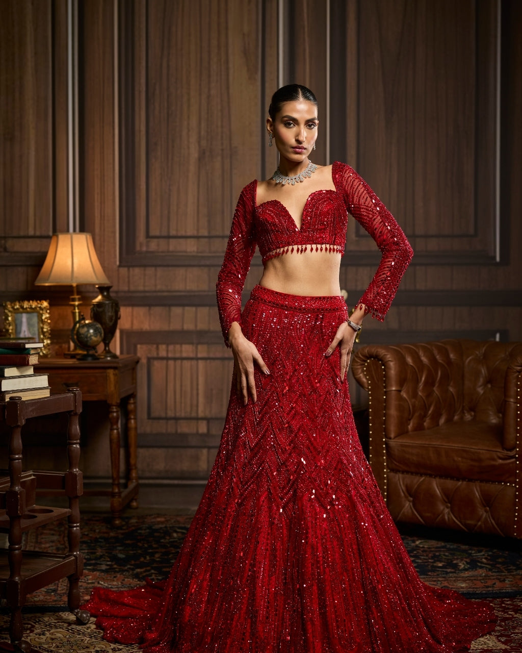 Mrinal Vermellion Red Embroidered Mermaid Skirt Sari Set