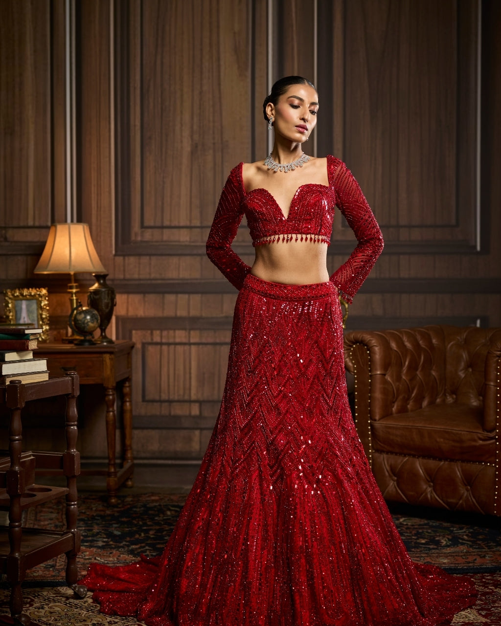Mrinal Vermellion Red Embroidered Mermaid Skirt Sari Set