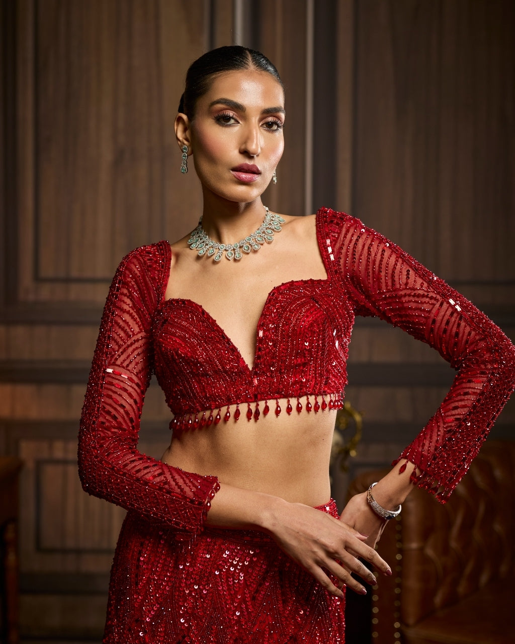 Mrinal Vermellion Red Embroidered Mermaid Skirt Sari Set