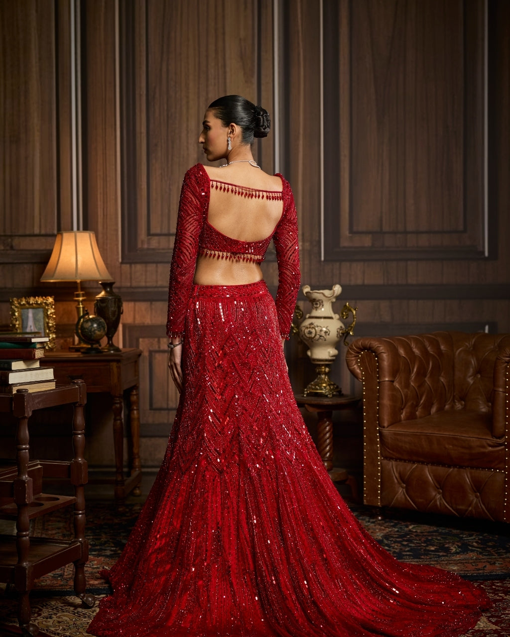 Mrinal Vermellion Red Embroidered Mermaid Skirt Sari Set