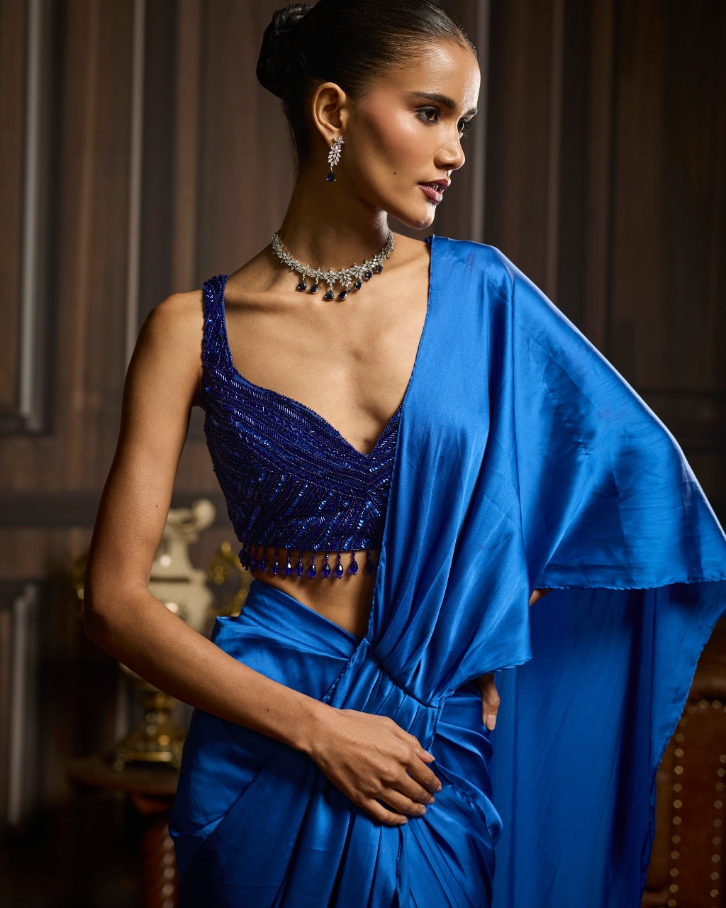 Wier Electric Blue Embellished Blouse And Pre-Draped Dhoti Sari Set