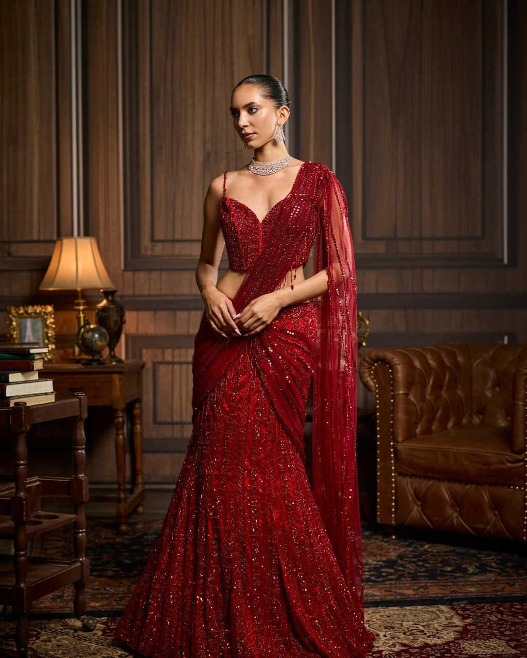 Nida Vermellion Red Embellished Pre-Draped Skirt Sari Set