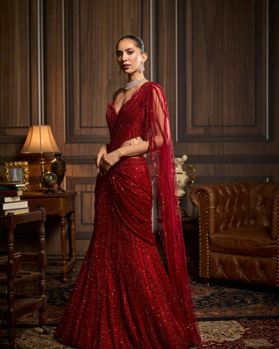 Nida Vermellion Red Embellished Pre-Draped Skirt Sari Set