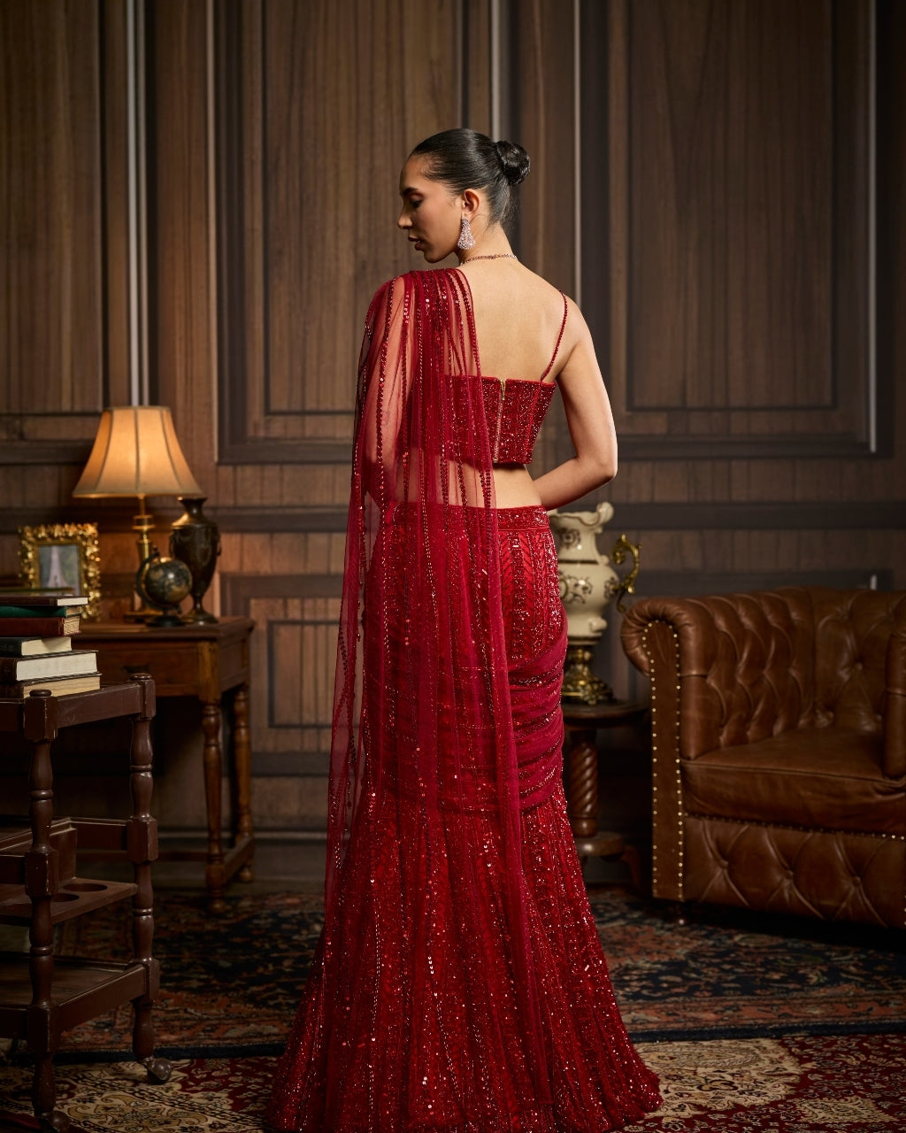 Nida Vermellion Red Embellished Pre-Draped Skirt Sari Set