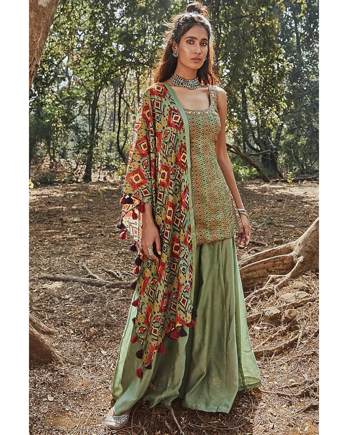 Green Embroidered Tunic Set