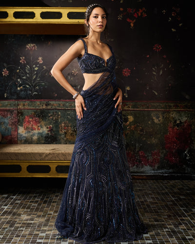 Midnight Blue Embellished Mermaid Skirt Sari Set