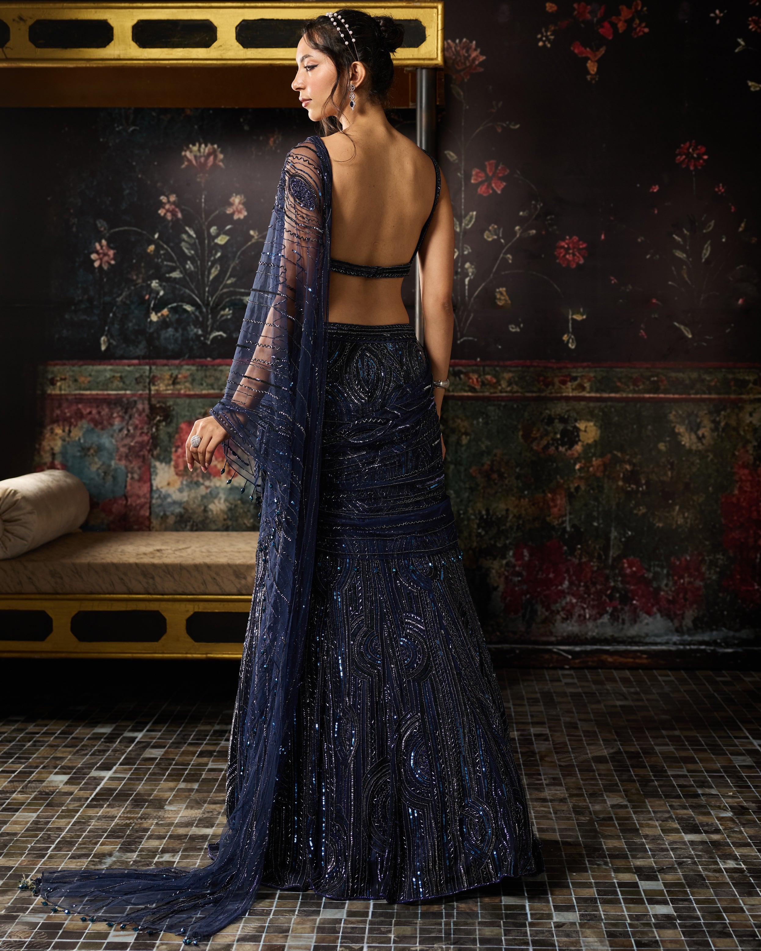 Midnight Blue Embellished Mermaid Skirt Sari Set