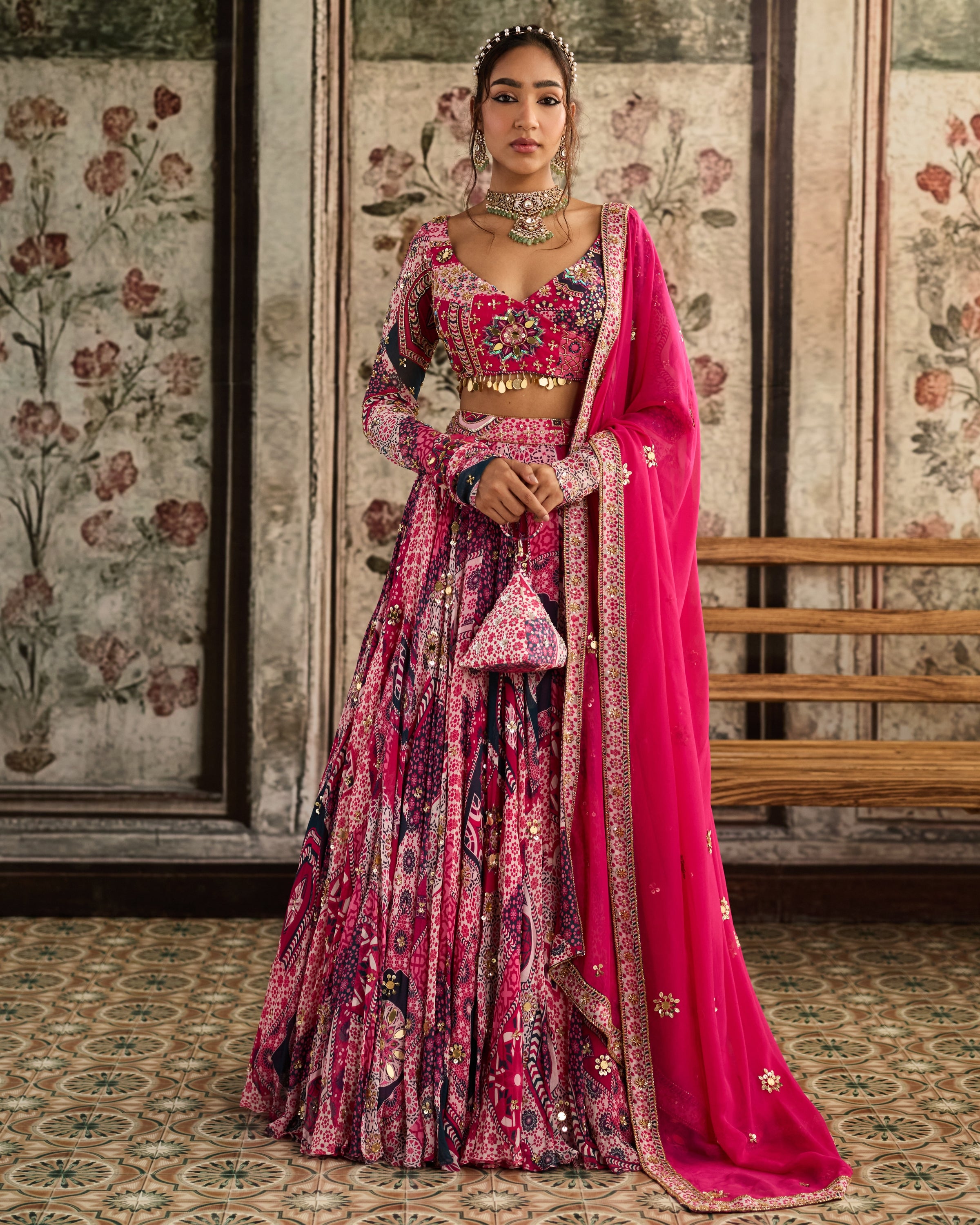 Fuchsia Print And Angrakha Blouse Lehenga Set