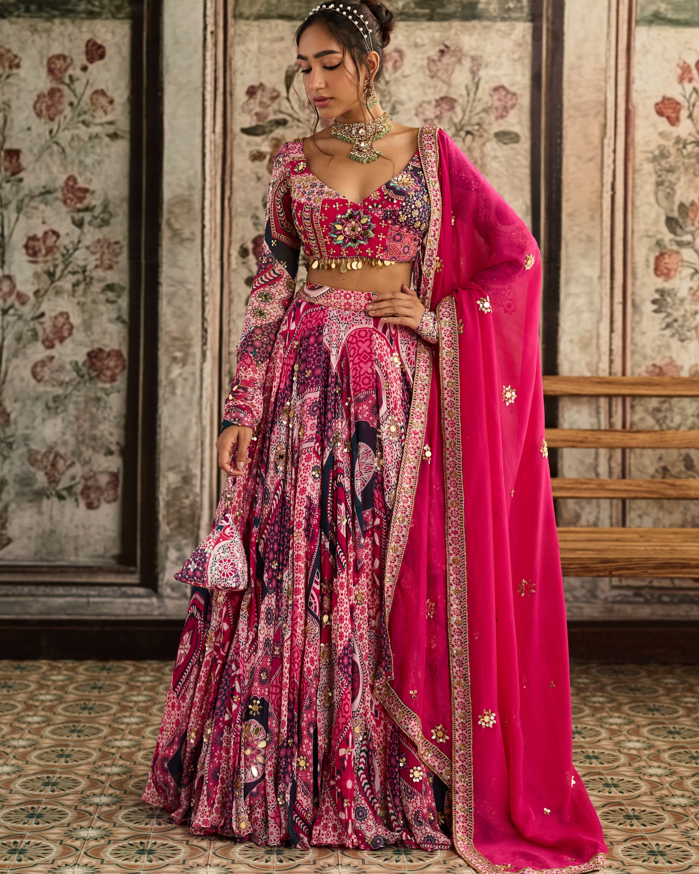 Fuchsia Print And Angrakha Blouse Lehenga Set