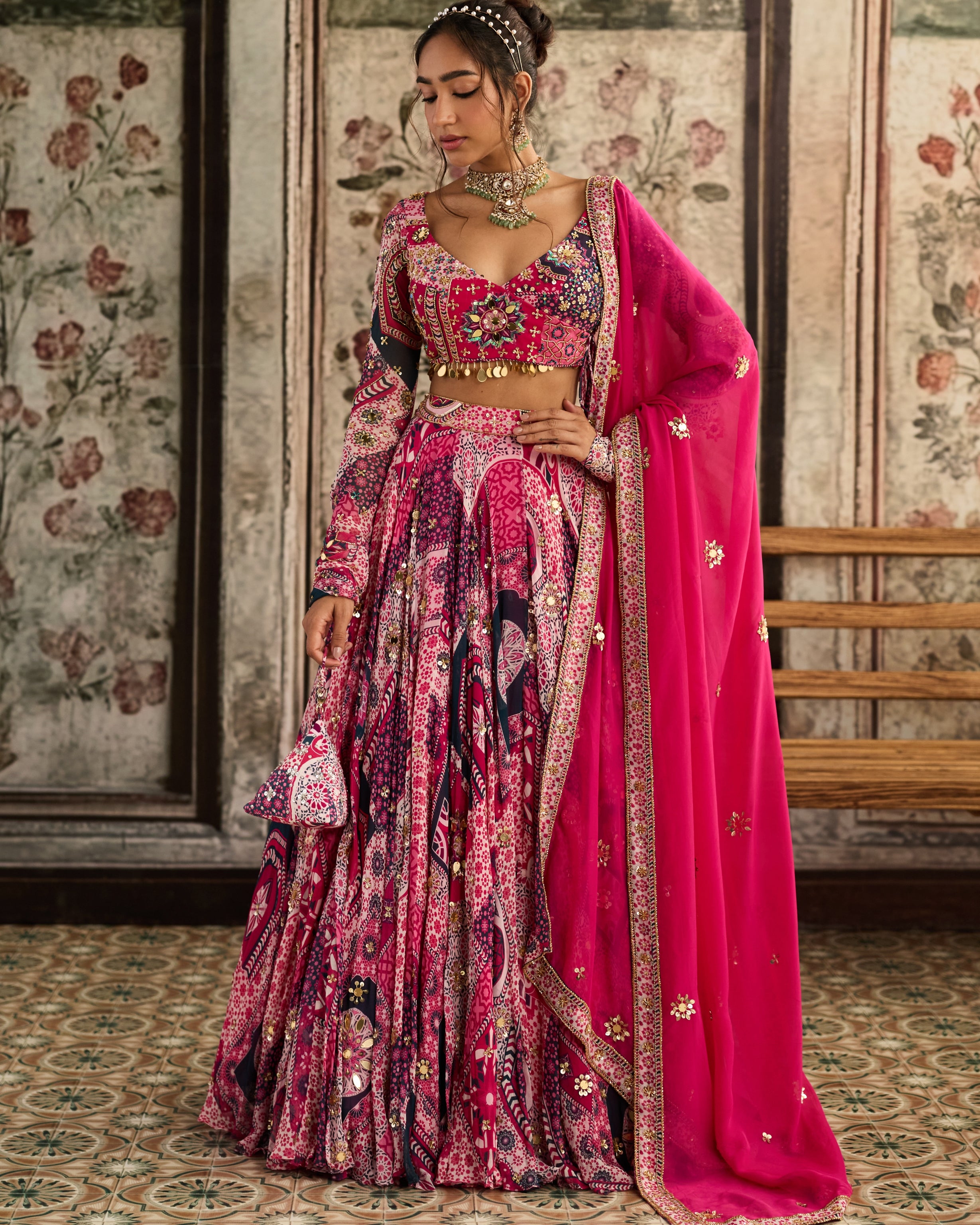 Fuchsia Print And Angrakha Blouse Lehenga Set