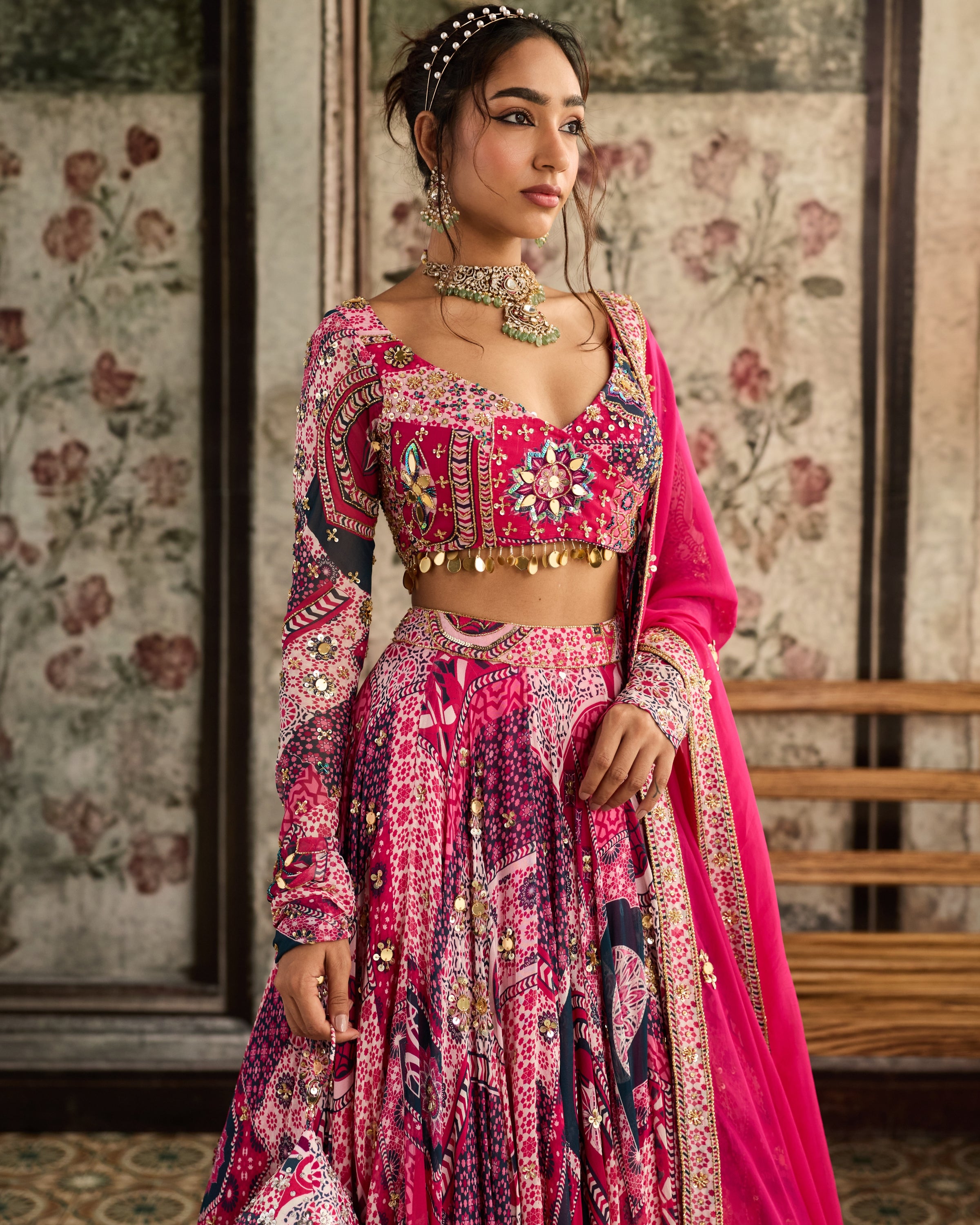 Fuchsia Print And Angrakha Blouse Lehenga Set