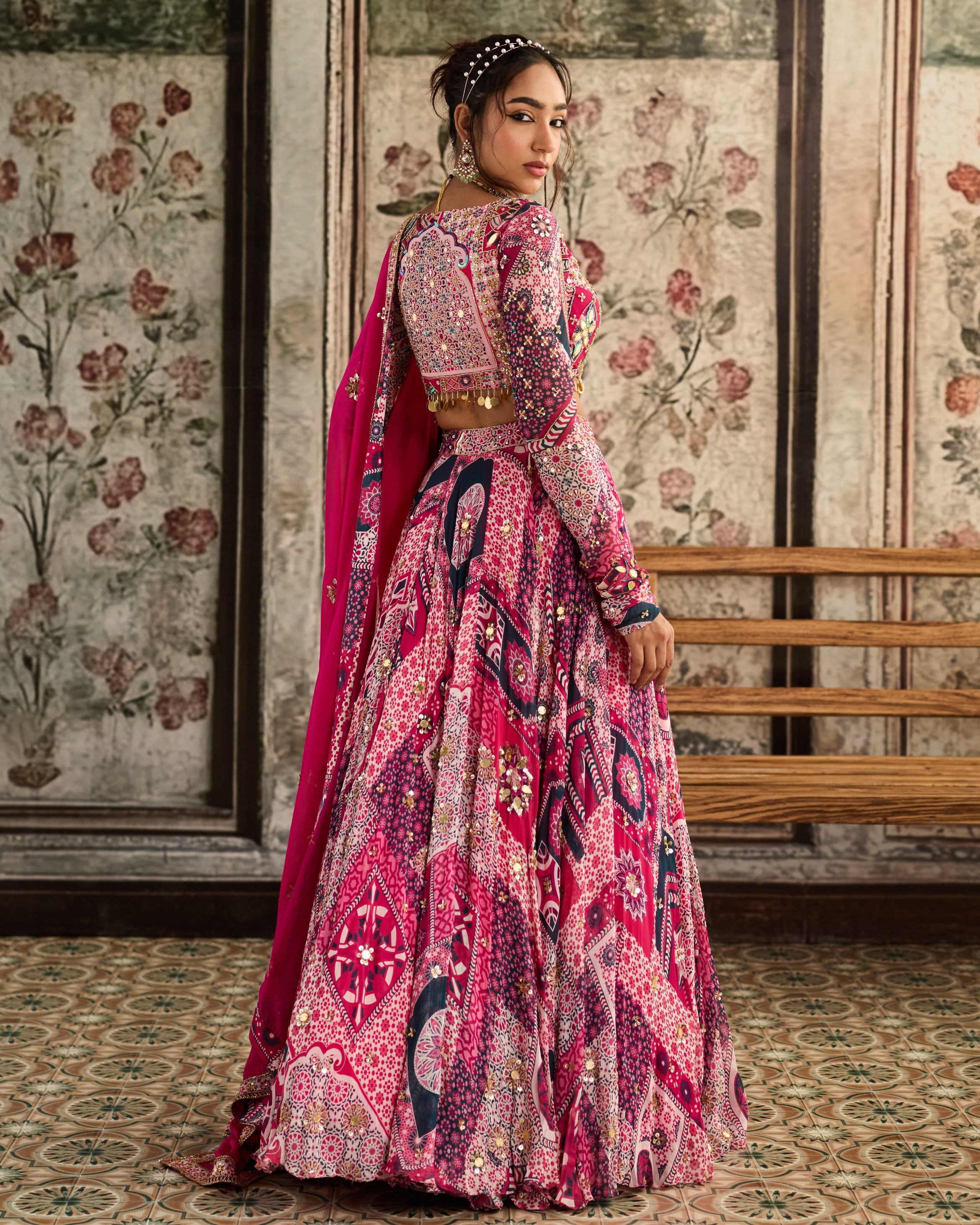 Fuchsia Print And Angrakha Blouse Lehenga Set