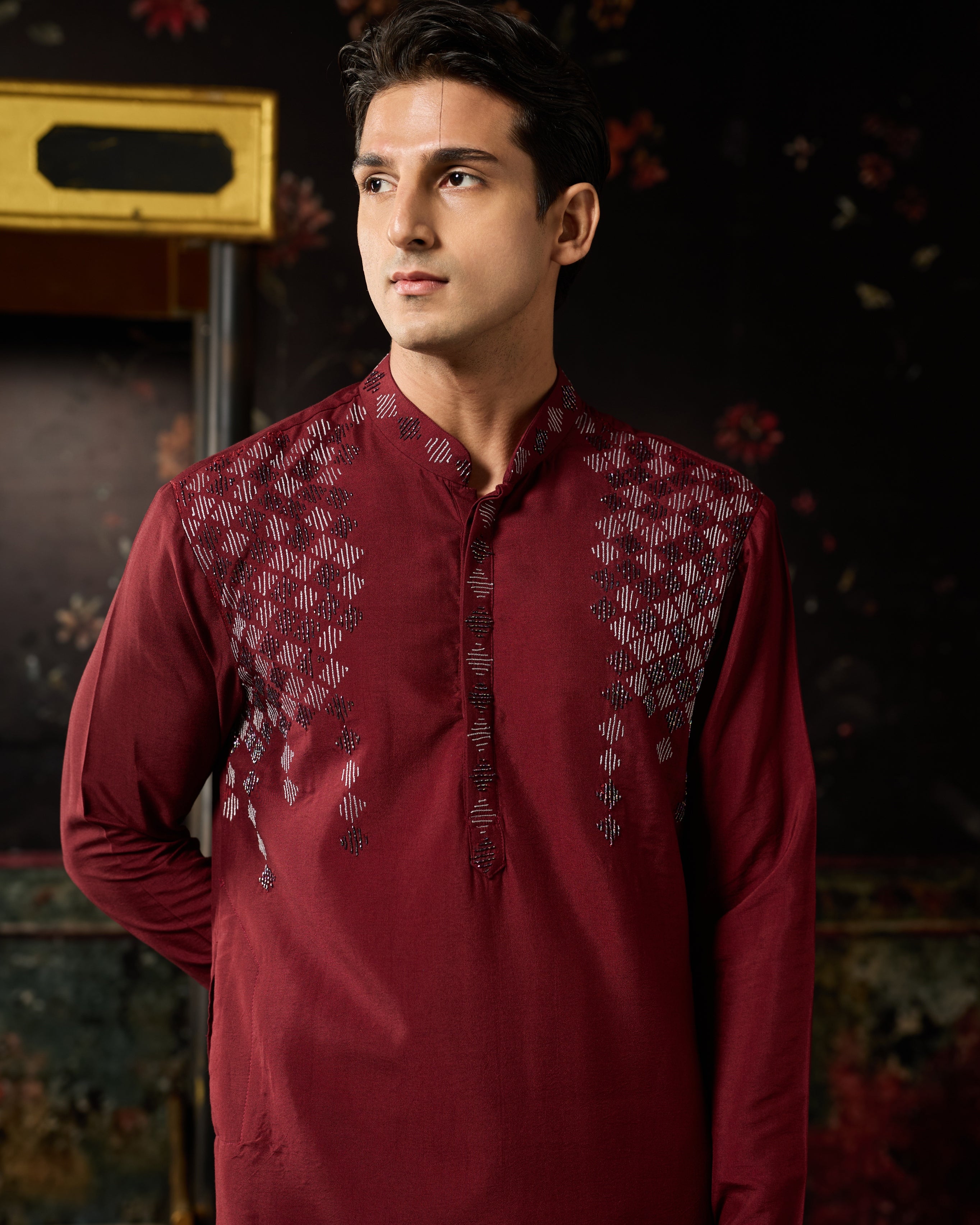 Maroon & Silver Embroidered Kurta & Pants Set